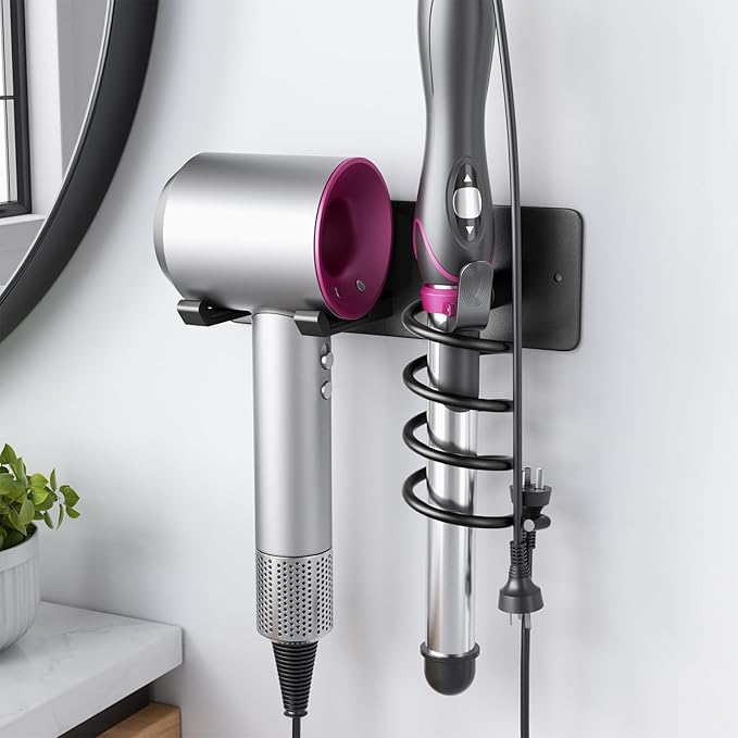 Tindbea Hair Dryer Holder + Curling Iron Holder,Blow Dryer Holder Wall Mount, Bathroom Hair Tool Organizer Rack for Universal Dryer Matte Black