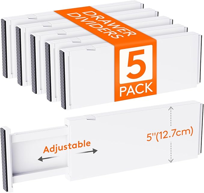 Lifewit 5 Pack 5" High Drawer Divider, 13.5-22" Expandable Deep Drawer Dividers for Clothes, Adjustable Dresser Drawer Organizers, Clothing Drawer Separators for Dresser, Kitchen, Bedroom, White
