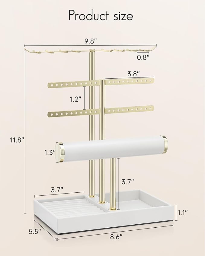 Vlando 3 Tier Jewelry Stand Organizer with Tary, Leather Jewelry Holder Display for Women, Gold Jewlery Holder Display for Necklace, Earring, Bracelet, Rings - White