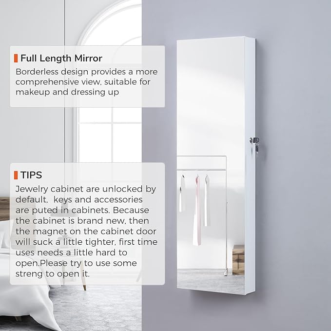 GISSAR Full Length Mirror Jewelry Cabinet, 6 LEDs Jewelry Armoire Wall Mounted Over The Door Hanging, Jewelry Organizer Display Storage Furniture with Lights Locker Mirrored Cabinet, 39.4" H, White