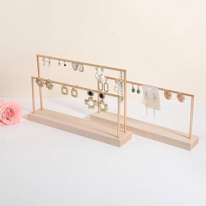 GemeShou wooden earring holder organizer for girls, maple stud earring display stand for boutique store, jewelry storage organizer shelf【maple stand-Two Tiers】