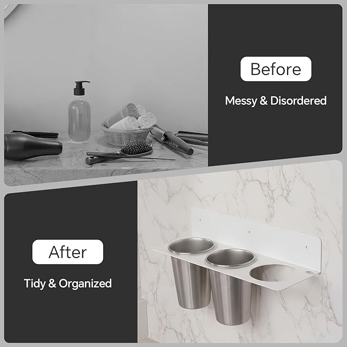 Hair Tool Organizer Wall Mount, Stainless Steel Hair Tool Holder with 2 Heat-Resistant Cups, Curling Iron Holder for Vanity, Hot Tools Organizer with PVC Ring,Hair Dryer Holder for Bathroom