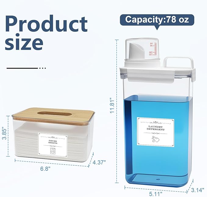 2+1 Pack Laundry Detergent Dispenser and Dryer Sheet Holder Set, 78 oz Laundry Soap Dispenser, Plastic Liquid Fabric Softener Dispensers for Laundry Room Organization with 12 Labels