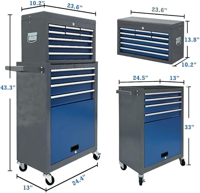 13-Drawer Rolling Tool Chest,Toolbox with Wheels,Tool Cabinets with Drawers, Top Detachable Tool Box with Hooks Handles for Workshop Mechanical Garage (blue＆grey)
