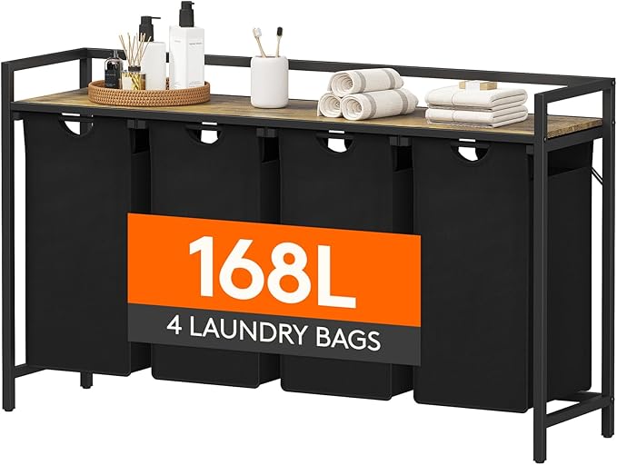 Lifewit Laundry Hamper 4 Section, 168L Pull out Laundry Clothes Basket Organizer with Large Top Shelf and 4 Removable Bags and Handles, Laundry Sorter for Laundry Room Bedroom Bathroom, Black
