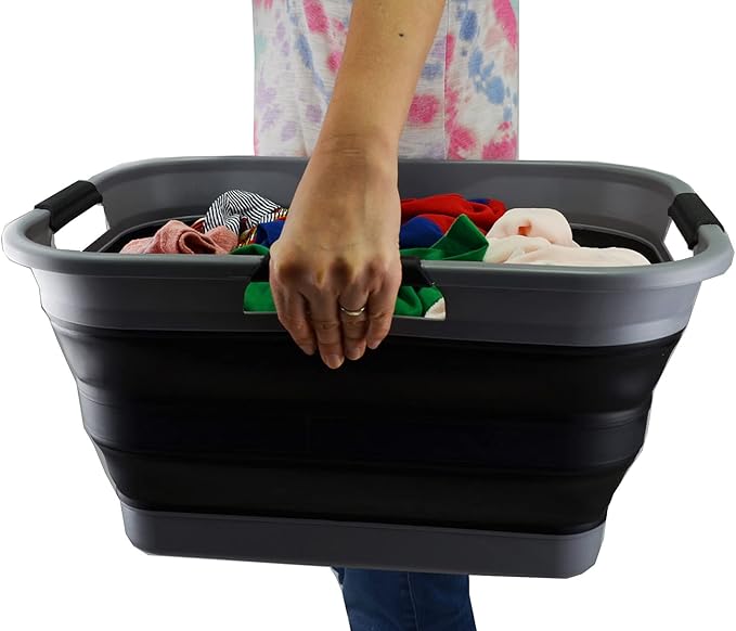 SAMMART 30L (8 Gallon) Collapsible Plastic Laundry Basket - Foldable Pop Up Storage Container/Organizer - Portable Washing Tub - Space Saving Basket - Water Capacity 24L(6.3 Gallon) (1, Grey/Black)