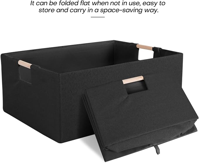 Fabric Storage Bin 3 Pack Foldable Cotton Linen Storage Basket with Wooden Handles Rectangular Cube Box – Black, Medium