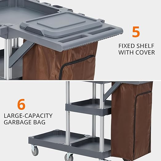 Commercial Housekeeping Utility Cart, Janitorial Cleaning Carts On Wheels, Janitorial Cart with Cover and Vinyl Bag, 3 Shelf Service Carts for Hotel/Stores/Restaurants/Hospitals/Schools/Business