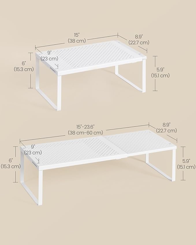SONGMICS Expandable Pantry Kitchen Organizers, Adjustable Spice Rack, Stackable Cabinet Organizers, Metal, Space-Saving Tabletop Shelves, Matte White UKCS007W01
