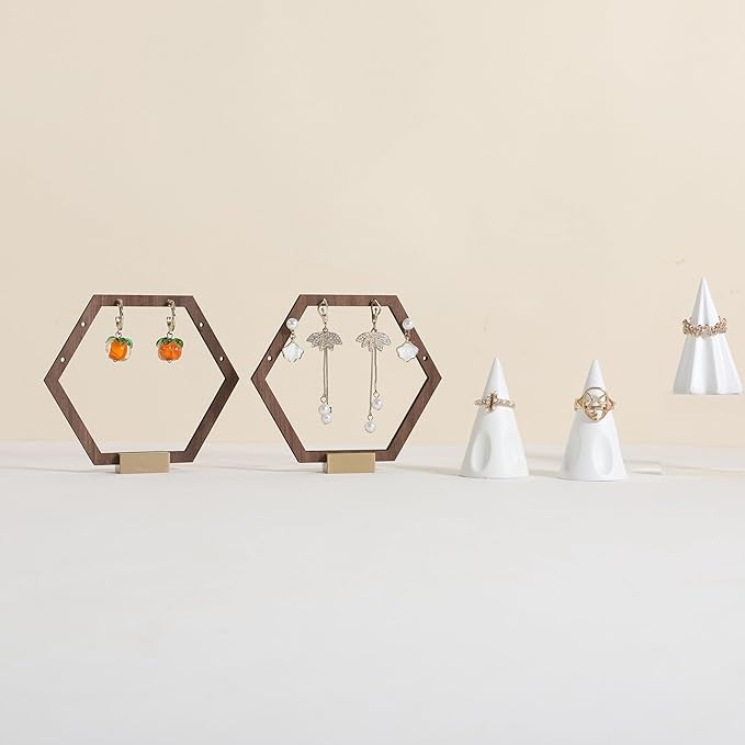 GemeShou 3pcs Wooden stud earring organizer holder, walnut earring hangers with brass base, Small Cute earring display for selling with 9 holes for each【Hexagon frame-3pcs】
