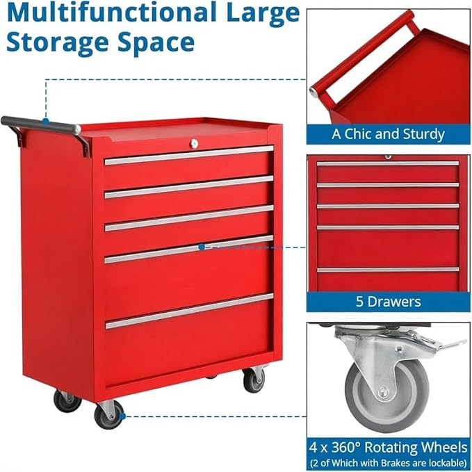 IDEALHOUSE Rolling Tool Chest, 5 Drawers Tool Storage Cabinet, Toolbox with Wheels, Portable Tool Cabinet Organizer with Locking System & Drawer Liners, Tool Storage Cart for Garage, Workshop, Red