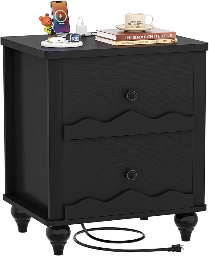 Cyclysio Nightstand with Charging Station, Side End Table with 2 Drawers, Modern Wood Night Stand with Scalloped Pattern for Bedroom, Bedside Night Tables with Solid Wood Gourd Legs