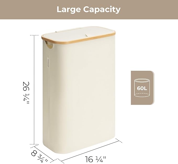 StorageWorks 60L Slim Laundry Hamper with Lid, Narrow Laundry Basket with Bamboo Handles and Inner Bag, Skinny Clothes Hamper for Laundry Room, Bathroom, Dorms, Conner, Beige