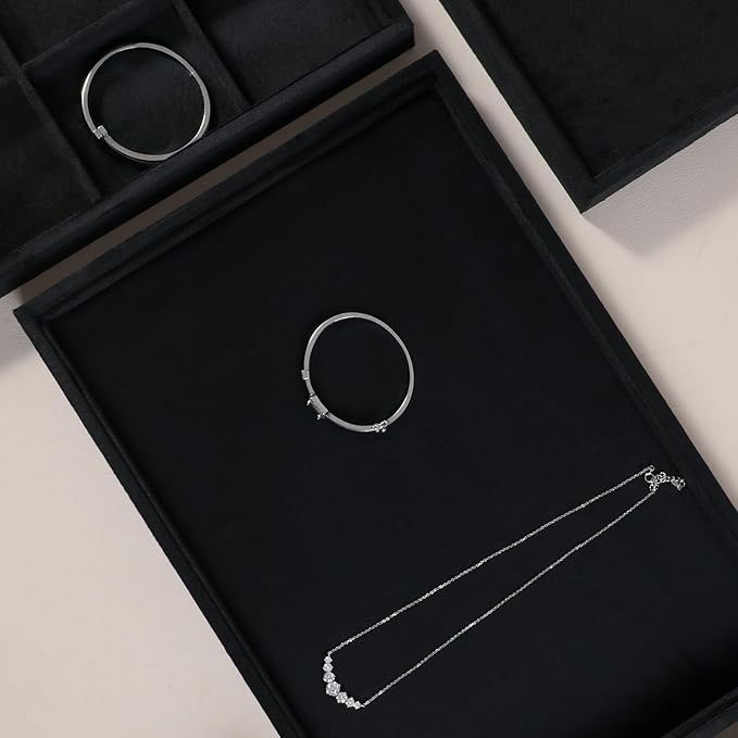 Velvet Stackable Jewelry Display Flat Tray For Ring Earring Necklace Bracelet, Bangle Pendant Storage Blank Plate, Shop Countertop Jewelry Dish Organizer (Black)