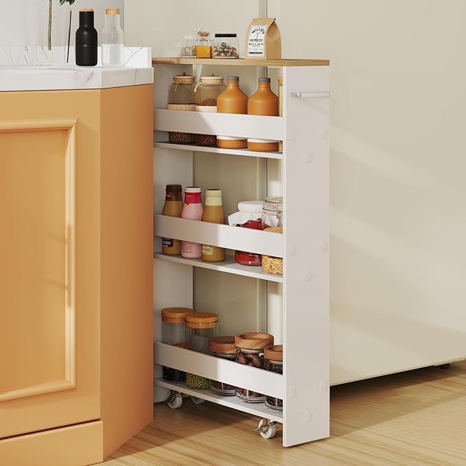 Slim Rolling Storage Cart, 4 Tier Narrow Kitchen Cart with Wheels, Between Washer and Dryer Cart, Wood Shelving Unit Organizer w/Handle for Small Spaces (White & Natural, 5-Inch)