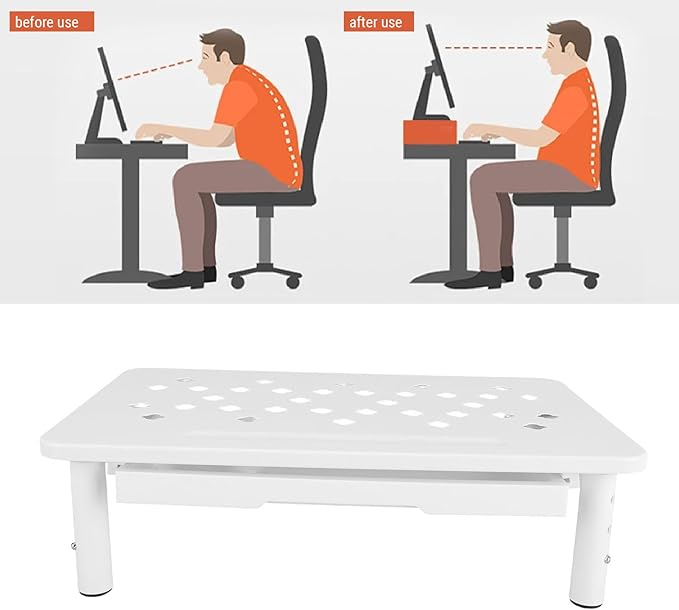 Desk Computer Riser, Monitor Stand Riser with Drawer, 3 Height Adjustable, Metal Laptop Stand, Computer Storage Shelf for PC, Desktop, Laptop, Printer, 20KG Bearing (White)