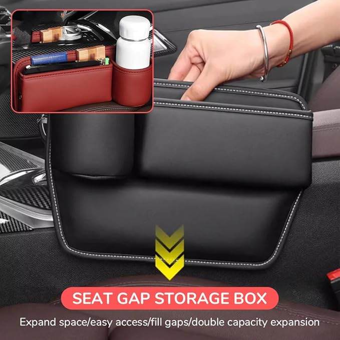 Car Leather Cup Holder Gap Bag,2025 Upgrade Car Storage Box with Cup Holder,Seat Storage Box Gap Filler Organizer for Glasses Phone Keys and Cards (Red, Passenger Seat)