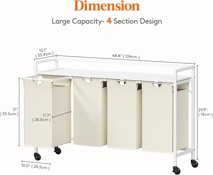 Lifewit Laundry Hamper 4 Section, 168L Pull out Laundry Clothes Basket Organizer with Large Top Shelf and 4 Removable Bags and Handles for Laundry Room Bedroom Bathroom, White with Wheels