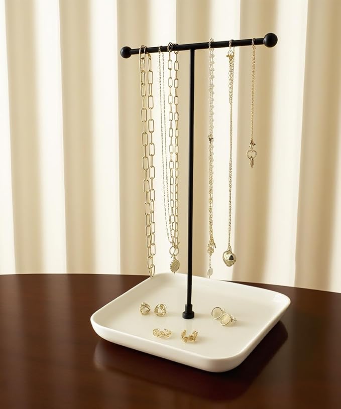 VROOMIUM Necklace Holder- Ceramic Base 1ft Height Jewelry Organizer Stand, Aesthetic Jewelry Hanger Display for Necklaces, Bracelets, Rings, Exhibidor de Collares-Minimalist White
