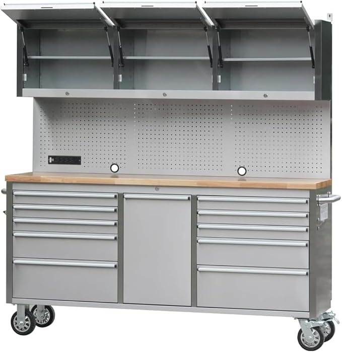 72 inch Stainless Steel Tool Chest with 11 Drawer & 3 Up Cabinet & Pegboard, Large Lockable Mobile Workbench with 6 Blue Storage Bins, Rolling Tool Cabinet for Garage, Workshop