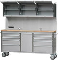 72 inch Stainless Steel Tool Chest with 11 Drawer & 3 Up Cabinet & Pegboard, Large Lockable Mobile Workbench with 6 Blue Storage Bins, Rolling Tool Cabinet for Garage, Workshop