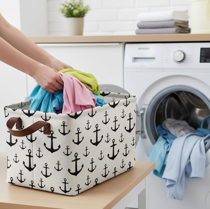 Anchor Storage Basket Waterproof Canvas Toy Storage Bin Home Anchor Decor Collapsible Outdoor Basket with Leather Handles Nautical Decor Blanket Baskets For Closets,Bedrooms,Gifts Baskets