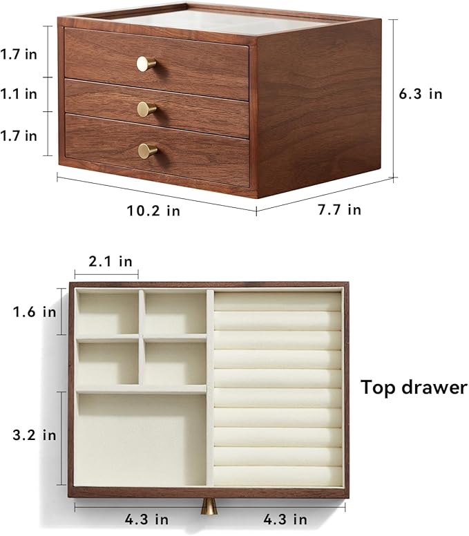CHOSIN Black Walnut Wooden Jewelry Box for Women, 3-Layer Wood Jewelry Organizer with Glass Lid for Watches, Necklaces, Rings & Earrings Storage Christmas Gifts