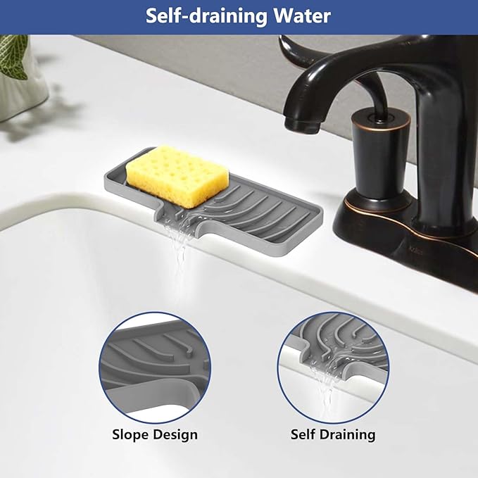 Silicone Sponge Holder for Kitchen Sink With Drain Spout, Self Draining, Kitchen Soap Tray, Bathroom Organizer, Sink Caddy, Perfect for Dispenser, Scrubber, Bottle, Cup on Counter-Grey 10"×4"