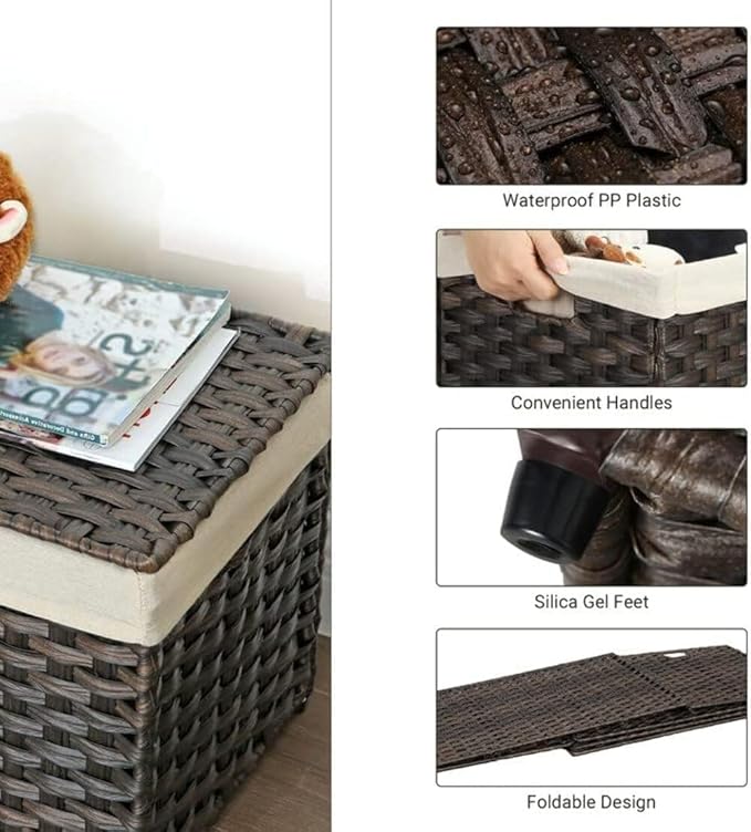 SONGMICS Storage Basket with Lid, Woven Blanket Storage Bin with Handles, Foldable, Removable Liner, Metal Frame, for Bedroom, Laundry Room, 42.3 Gallons (160 L), Brown URST76BR