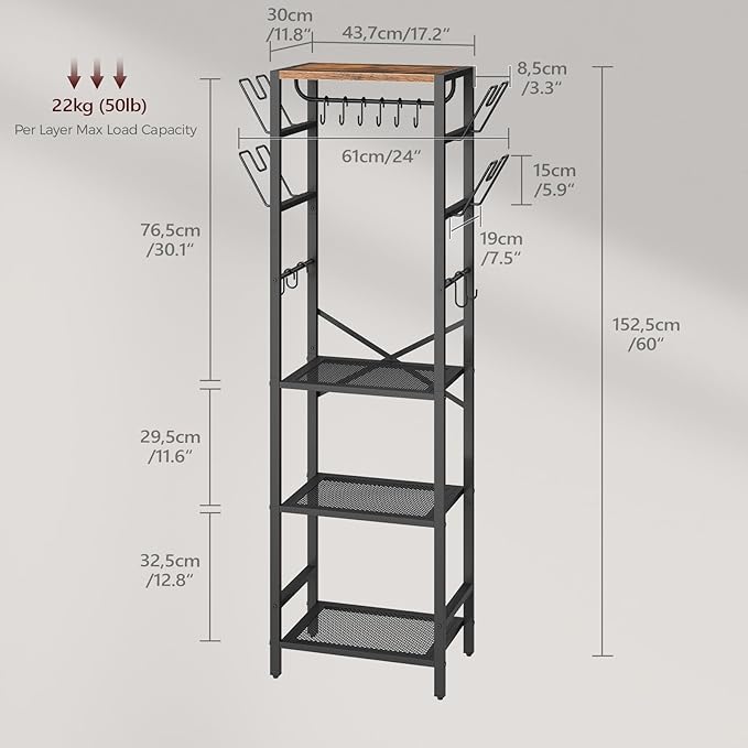 4-Tier Pot Rack, Pots and Pans Organizerand for Kitchen, Lid Organizer Rack with U-Shaped Lid Holders, Kitchen Storage Shelf for Standing Cookware, Rustic Brown and Black POHR3001