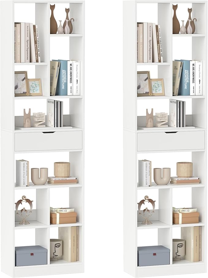 Giantex 71" Bookcase with Drawer Set of 2, Tall Freestanding Bookshelf with 10 Open Cubes, Floor Display Shelving Unit, Modern Storage Organizer for Living Room, Bedroom, Study, White