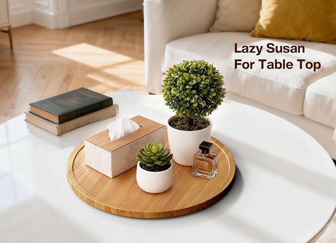 12" Acacia Wood Lazy Susan Turntable Organizer for Table Top, Round Wooden Lazy Susan Storage for Cabinet Countertop Pantry, Decorative Tray for Kitchen Bathroom Decor Coffee Bar Accessories