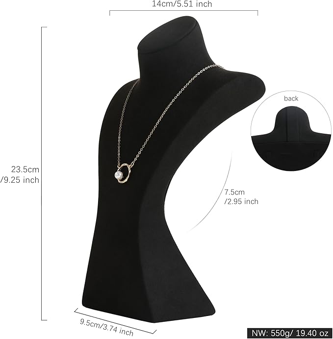 GemeShou Black necklace storage hanger stand jewelry organizer, Velvet jewelry stand necklace holder, jewelry mannequin bust for necklaces, jewelry bust display stands【Black-Medium height 9.25 inch】