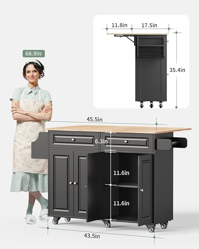 Kitchen Island with Storage, Kitchen Cart on 5 Universal Wheels, Mobile Kitchen Island with Rubber Wood Top and Side Rack (Black)