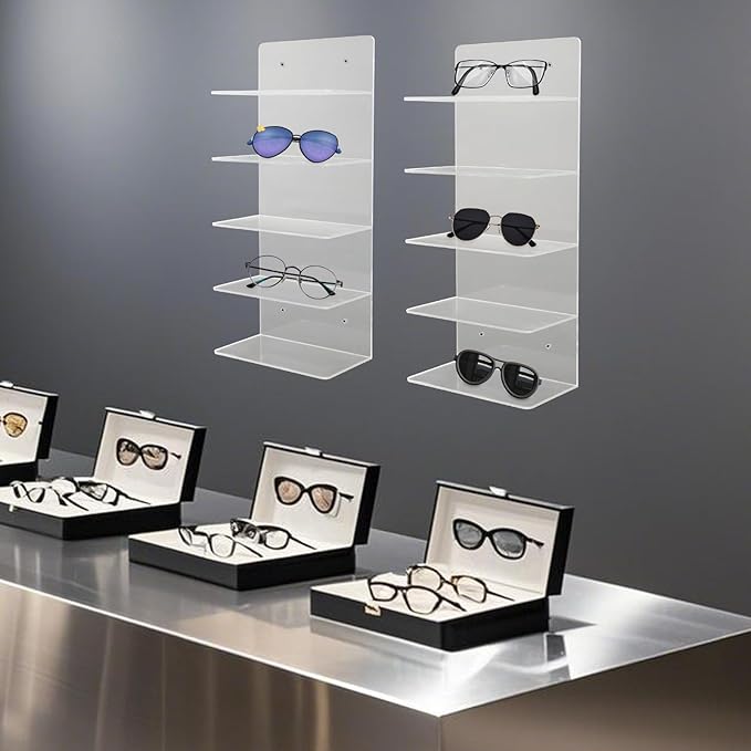 JOMCYDM 2PCS Sunglasses Holder Rack, 5 Tier Eye Glasses Shelf, Clear Acrylic Eye Glasses Shelf for Boutiques, Optometry Stores, Retail Stores, Eyeglasses Stores
