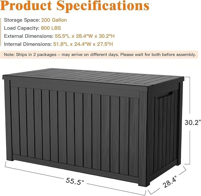 Outdoor Storage Box - Lockable Waterproof UV-Resistant Resin Deck Box for Patio Cushions, Pool Accessories (Black, 200 Gallon)