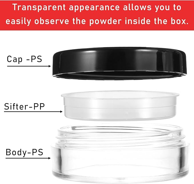 2 PCS 10ml/0.34oz Plastic Empty Travel Small Loose Powder Compact with Rotatable Sifter and Leakproof Screw Lid, Refillable Loose Powder Containers Reusable No Leak Compact, Black