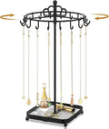 MODOWEY Rotating Metal Necklace Holder Organizer Stand with Acrylic Tray, 18 Hooks Small Jewelry Display Tree for Pendant Bracelet Storage, Compact Chain Hanger Rack for Women Men Space Saving, Black