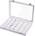 Frebeauty Rings/Earrings Organizer Tray with Clear Lid 10 Slots Velvet Drawer Insert Jewelry Storage box Transparent Glass lid Jewelry Display Case Showcase Gift for Girls Women (White, 10 Slots)