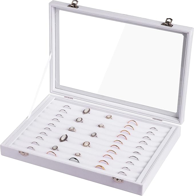 Frebeauty Rings/Earrings Organizer Tray with Clear Lid 10 Slots Velvet Drawer Insert Jewelry Storage box Transparent Glass lid Jewelry Display Case Showcase Gift for Girls Women (White, 10 Slots)