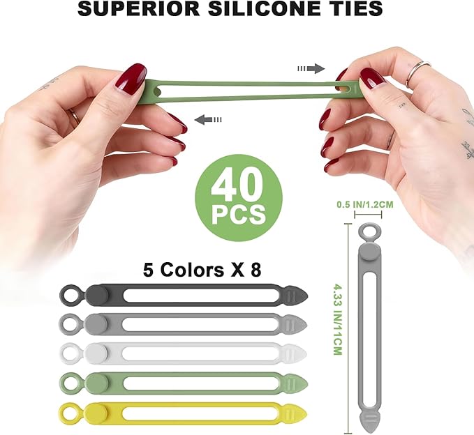 40Pcs Silicone Cable Ties with Box, Reusable Cord Organizer Rope, Elastic Cord Ties for Electronics, Essentials Straps Wires for Fastening Home Office Kitchen Travel Appliances