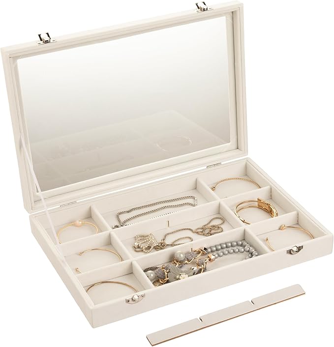 Frebeauty Velvet Jewelry Tray,12 Grid Jewelry Organizer with Clear Lid,Bracelets Holder,Jewelry Display Case with Clasp,Drawer Insert Bangle Brooch,13.8 x 9.5 x 2 Inches,Gift for Women Girls(Beige)