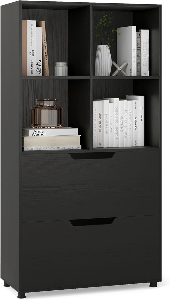Giantex Bookcase with 2 Drawers, 51” Tall Floor Bookshelf w/4 Cubes, Anti-tip Kits, Freestanding Display Rack, Cubby Storage Organizer for Study, Living Room, Home Office, Black