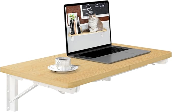 TEAMIX Wall Mounted Folding Table, Floating Desk for Small Spaces, Drop Leaf Dining Table for Kitchen Fold Down Laundry Shelf with Heavy-Duty Brackets