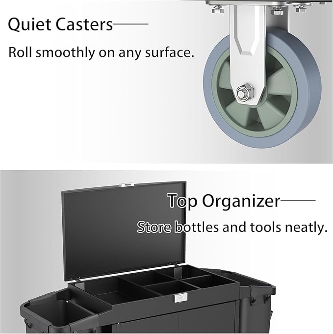 Heavy Duty Metal Housekeeping Janitorial Cart,Silent Casters,Locking Large Capacity Cabinets,Cleaning cart for Housekeeping/Commercial Facility/Hotel/Stadium/School(Black)