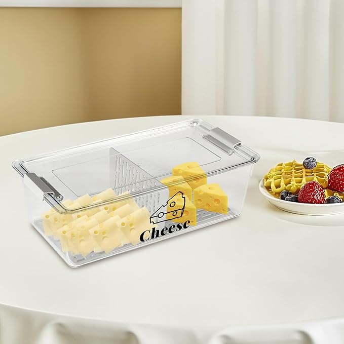 Cheese Container Airtight with Draining Basket Cream Block Cheese Sliced Cheeses Box with Lid for Fridge Shredded Saver 2 Compartment Deli Meat Storage Box,Cheeses Sliced,Grated,Cheddar Keeper