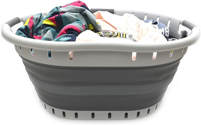 SAMMART 57L (15 Gallons) Collapsible 3-Handled Plastic Laundry Basket - Oval Tub - Portable Washing Tub - Pop up Laundry Hamper (1 pc - Oval, Dark Grey)