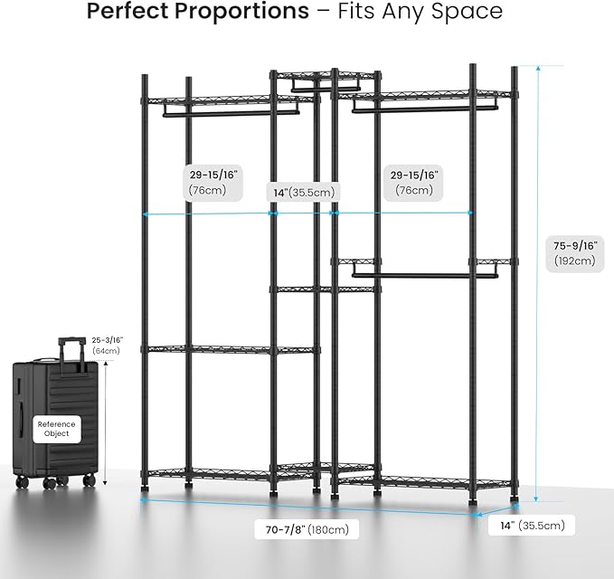 Garment Rack Heavy Duty Clothes Rack Adjustable Freestanding Metal Portable Wardrobe Closet Rack with Shelves for Hanging Clothes - 72" L x 14" W x 75" H, Black