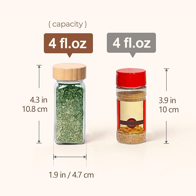 ComSaf 4 oz 6Pcs Glass Spice Jars with Label, Empty Spice Containers with Bamboo Lids, Square Seasoning Containers Trial and Supplement Set, Small Seasoning Bottles for Salt, Herbs, Sugar, Pepper