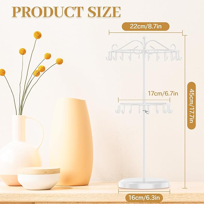 MODOWEY Rotating Necklace Holder Organizer Display Stand with 42 Hooks, 2 Tier Adjustable Metal Tree for Long Necklace Hanger Selling, Tall Spinning Bracelet Storage Rack for Men Women, White